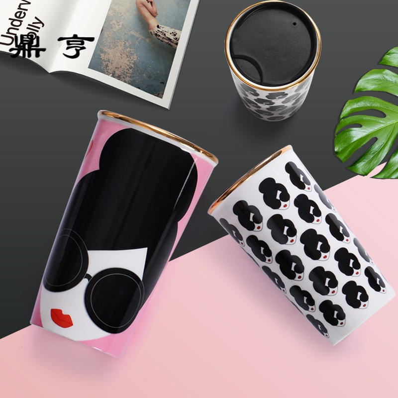 鼎亨北欧ins风格爱丽丝桌面咖啡马克杯带盖勺 创意车载双层陶瓷水