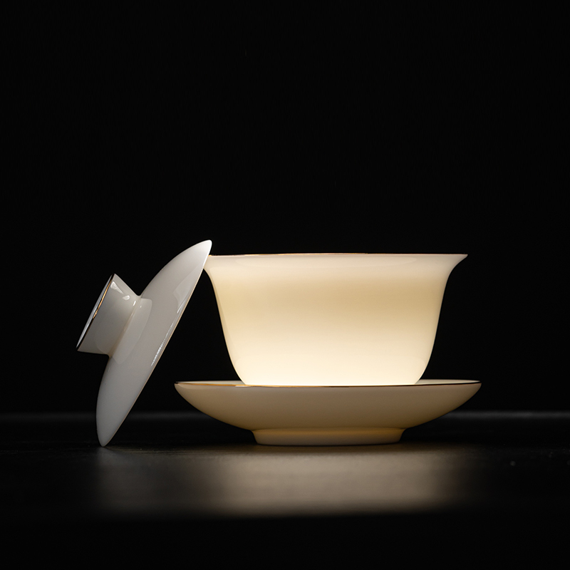 苏氏陶瓷(SUSHI CERAMICS)羊脂玉描金三才盖碗功夫茶具泡茶碗带两杯