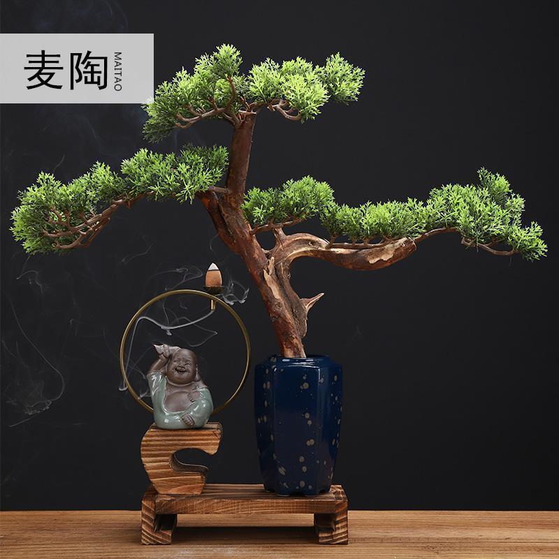 中式禅意风化木陶瓷家居仿生盆景客厅办公装饰工艺品摆件_953