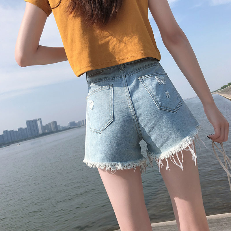 浪漫攻略romagolee夏季高腰纯色破洞时尚韩版休闲塑性超短牛仔裤女