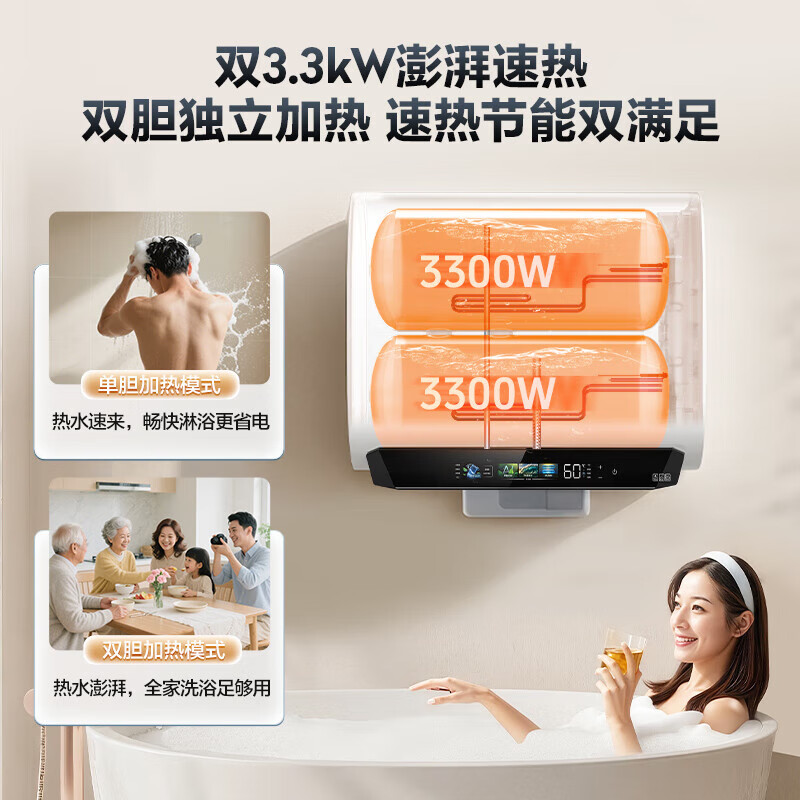 海尔(Haier)麦浪套系电热水器 国家补贴15%双胆扁桶60升BK5PLUS富锶小蓝瓶无镁棒3300W速热一级能效高清大图
