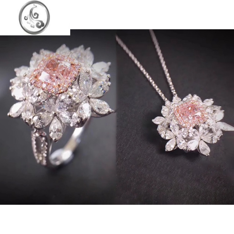 JiMi粉钻花朵戒指吊坠两用款小众设计百搭气质甜美轻奢高贵超闪送女百 组合装戒指+项链