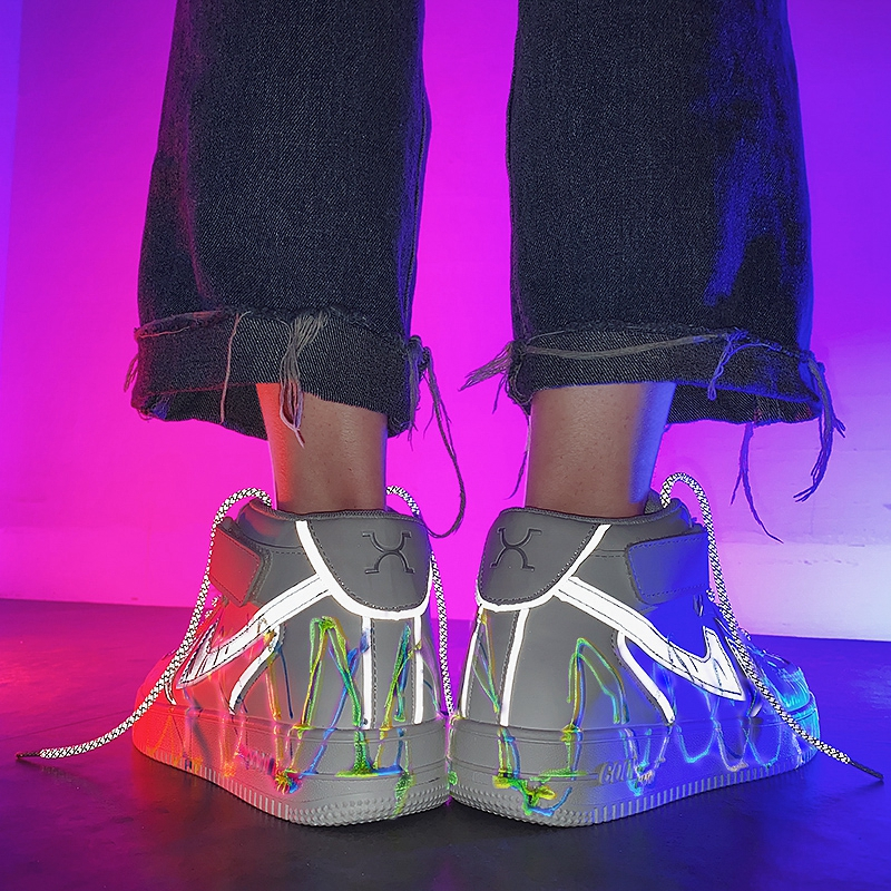 沐风草韩版鞋子男青春潮流荧光百搭潮鞋aj夜光空军一号舞动线条高帮