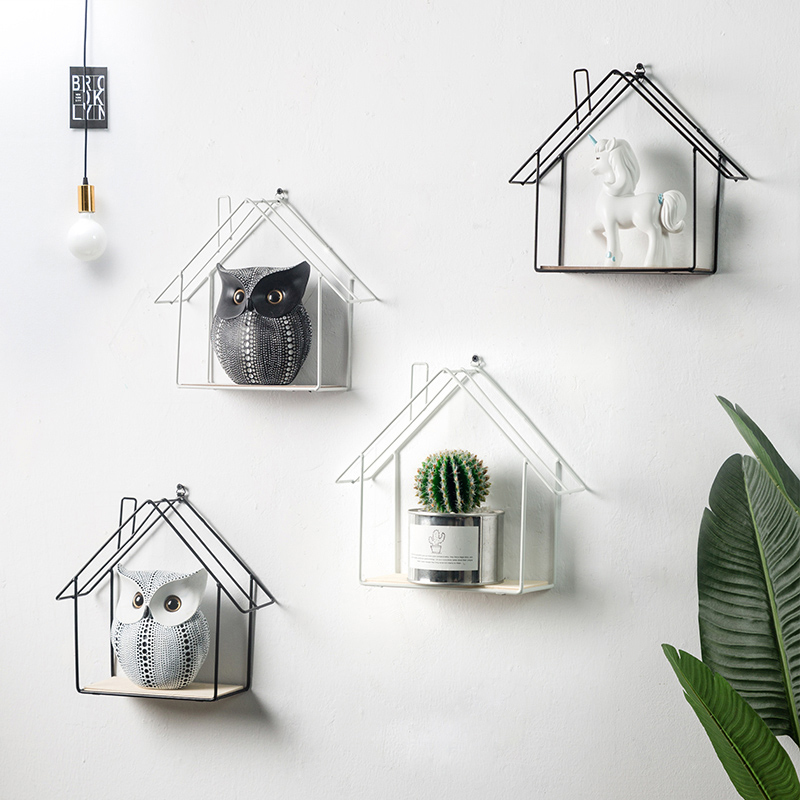 ins北欧风创意墙上房间装饰品置物架简约小房子铁网隔板铁艺壁挂黑色