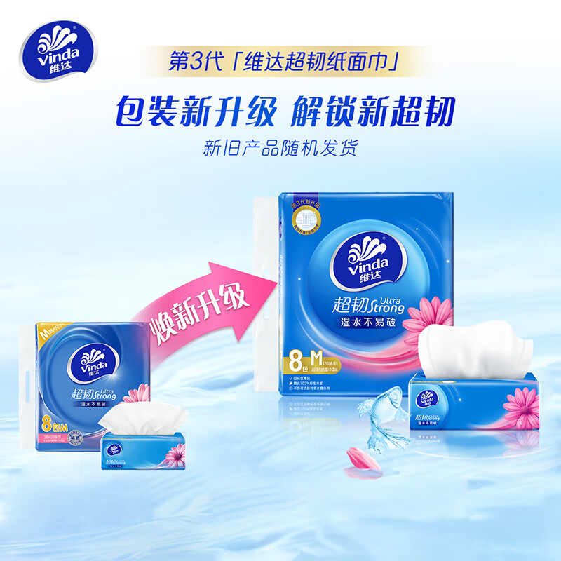 维达(Vinda)抽纸 超韧3层*120抽*8包M码 湿水不易破 卫生纸 纸巾 餐巾纸高清大图