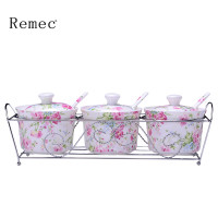金禹瑞美(Remec)调味罐/调味盒 春色满园骨瓷调料缸三件套 调味罐 调味缸 调料罐带孔盖陶瓷调味罐 250ML/个