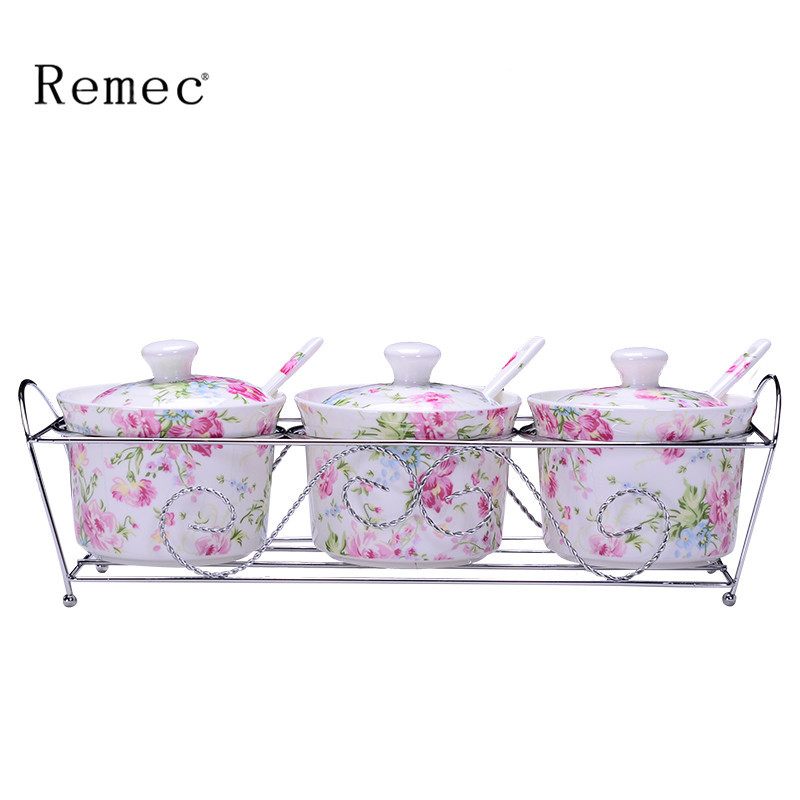 金禹瑞美(Remec)调味罐/调味盒 春色满园骨瓷调料缸三件套 调味罐 调味缸 调料罐带孔盖陶瓷调味罐 250ML/个