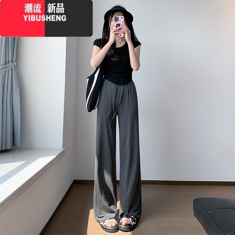 YIBUSHENG灰色莫代尔阔腿裤女季薄款2024新款高腰垂感宽松运动防晒休闲裤高清大图