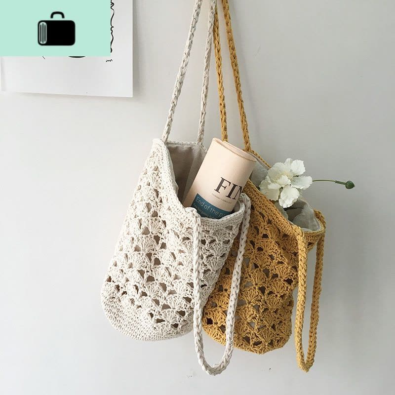 韩风chic气质镂空勾花毛线包森系编织水桶包单肩包手提包腋下包女NEW LAKE女士单肩包图片