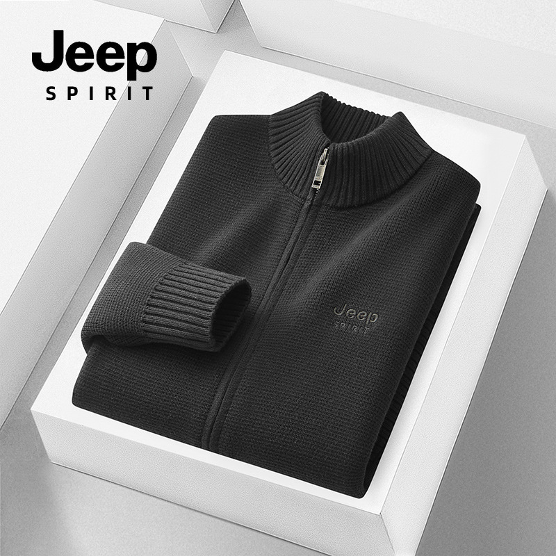 JEEPSPIRIT毛衣男秋冬新款舒适加厚保暖宽松休闲开衫针织衫外套_682 3XL【建议185-200斤】 黑色