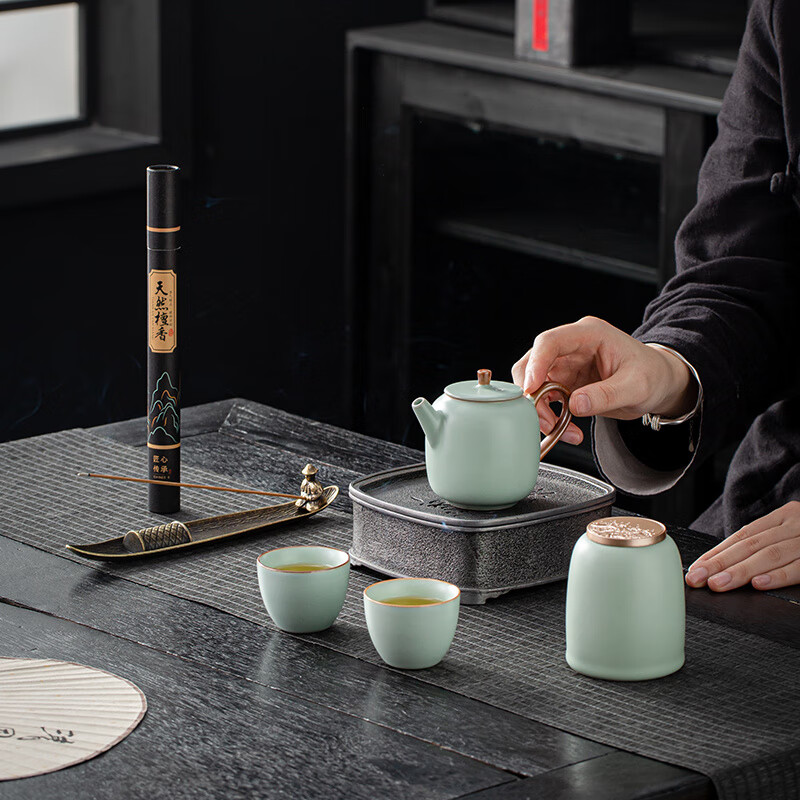 年廿八 汝窑茶具礼盒 汝窑汗瓦壶*1+茶杯*4+线香插*1+檀香*1高清大图