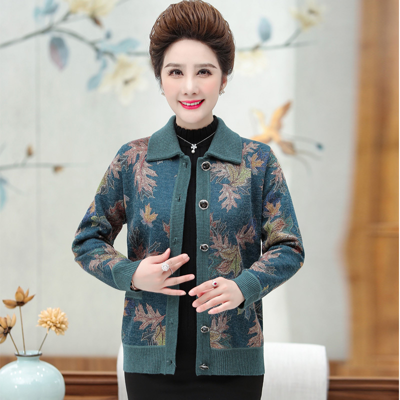 品牌送礼妈妈装羊绒衫女中老年奶奶宽松加大码毛衣本命年老太太开衫女羊绒开衫女印花毛衣女中老年人保暖羊毛衫加绒外套高清大图