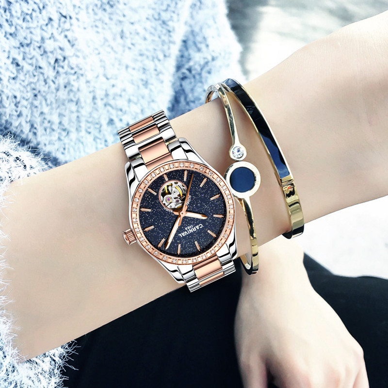 瑞士嘉年华Carnival手表新款女士全自动机械表 女表星空系列简约休闲镂空夜光防水表精钢金属时尚潮流腕表8005高清大图