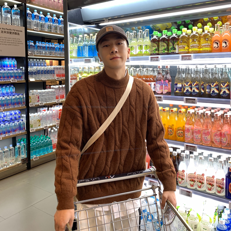 BaLuoShang冬季加厚半高领复古提花毛衣男潮牌衣服宽松针织衫情侣套头毛线衣毛衣