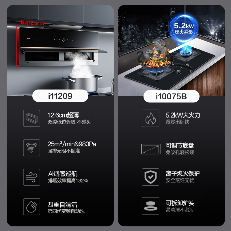 [官方旗舰]华帝(vatti)25m³大吸力变频超薄双腔·理想家X5+75B烟灶套餐X6同款抽油烟机5.2kW燃气灶