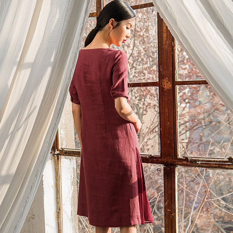 特价不退布符女装禅意中式复古中长款宽松高腰连衣裙女