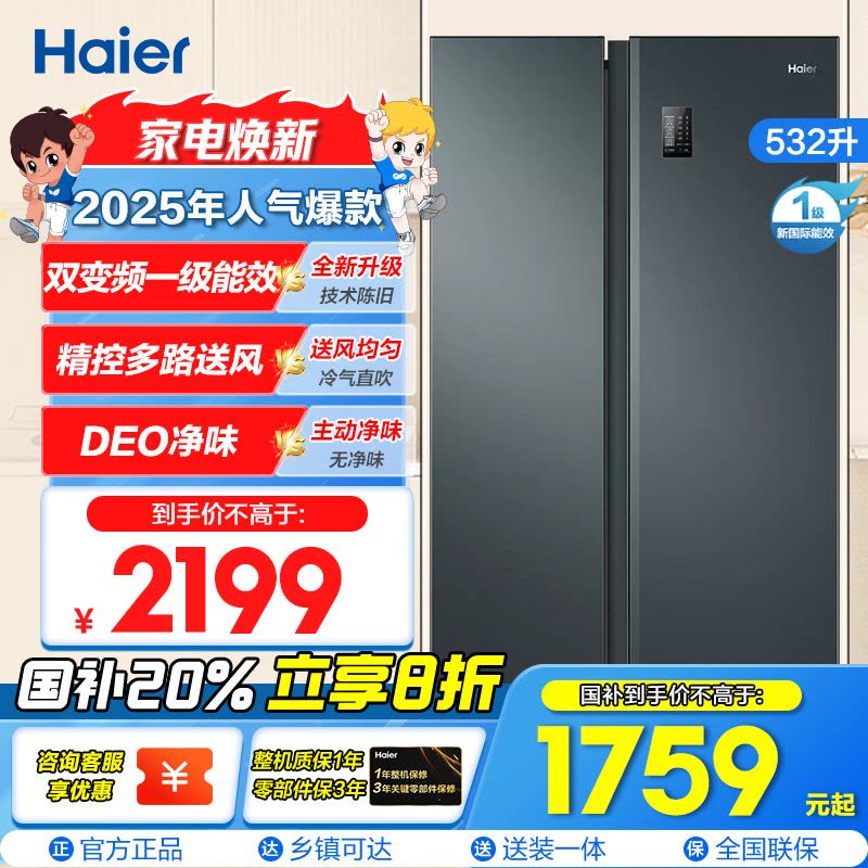 Haier/海尔 532L双开对开门冰箱 风冷无霜 大容量变频一级 国家政府补贴 BCD-532WGHSS8EL9U1图片