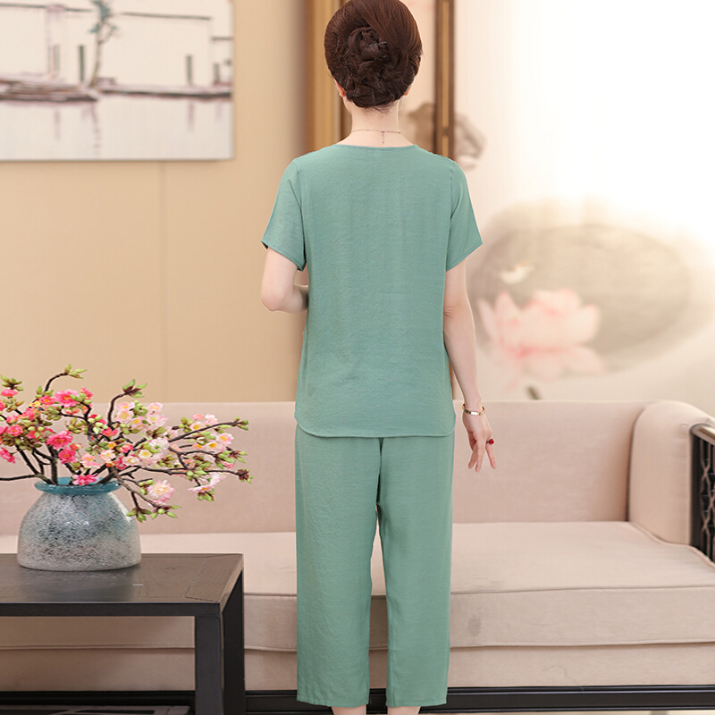 中年妈妈夏装棉麻两件套装2017新款40岁50短袖中老年人女装上衣60