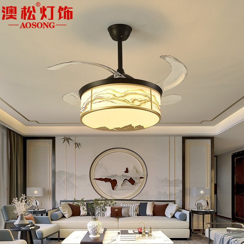 澳松 新中式隐形吊扇灯中国风客厅风扇灯现代简约轻奢餐厅卧室书房吊灯led三色变光家用电风扇灯