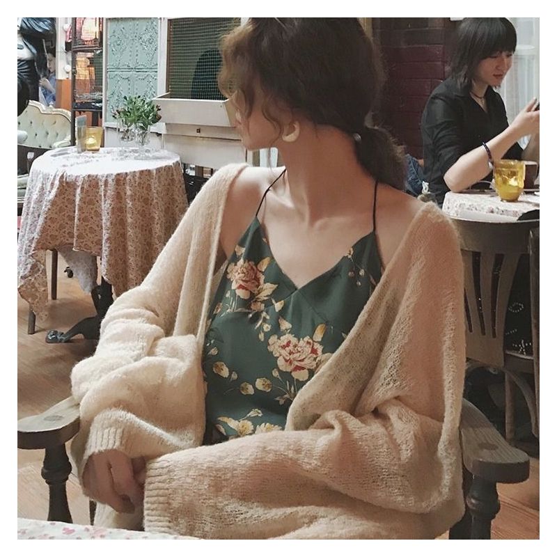 夏季杏色马海毛针织空调开衫外套女透气宽松中长款薄款外搭防晒衫