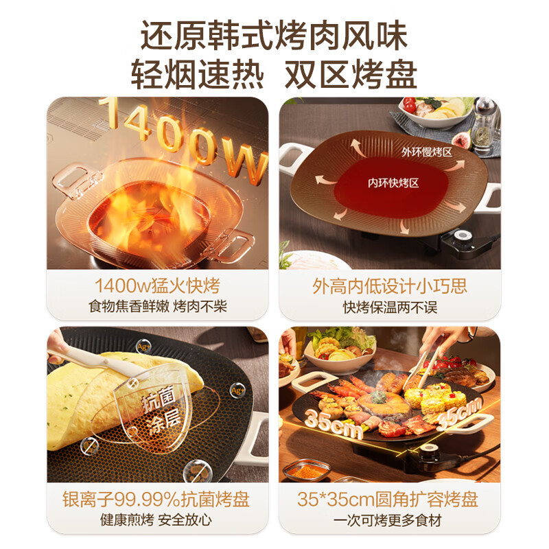 苏泊尔(SUPOR)韩式烤肉盘烤肉锅电烤盘家用多功能锅电烤炉1400W大功率轻油少烟不粘烤肉机GJ3535P802高清大图