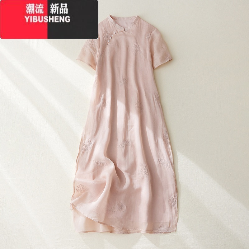 YIBUSHENG气质国风粉色刺绣棉麻短袖连衣裙女季中式斜襟包扣立领旗袍裙薄