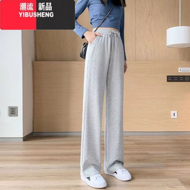 YIBUSHENG灰色运动裤女直筒高腰宽松大码学生阔腿卫裤春薄款休闲裤长裤子