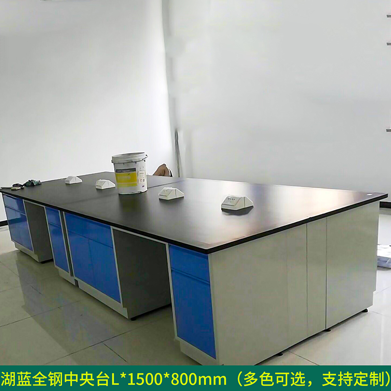 DXBG全钢实验台钢木PP边台柜试验台化验室工作台实验室桌操作台定制(每米单价)【工厂现做 7天内发货】 湖蓝全钢中央台L*1500*800mm
