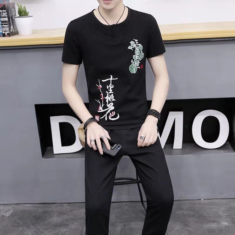 夏季中国风亚麻套装男潮休闲棉麻短袖t恤男士唐装禅服男装衣服