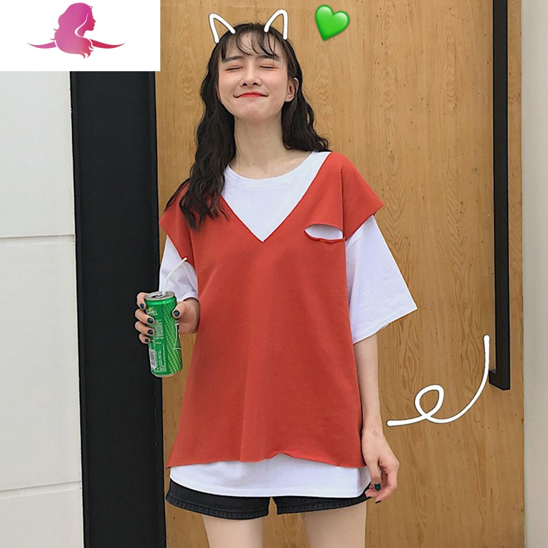 艳如飞棉大码胖mm心机短袖t恤女装夏装韩版宽松显瘦原宿风两件套上衣大码女装