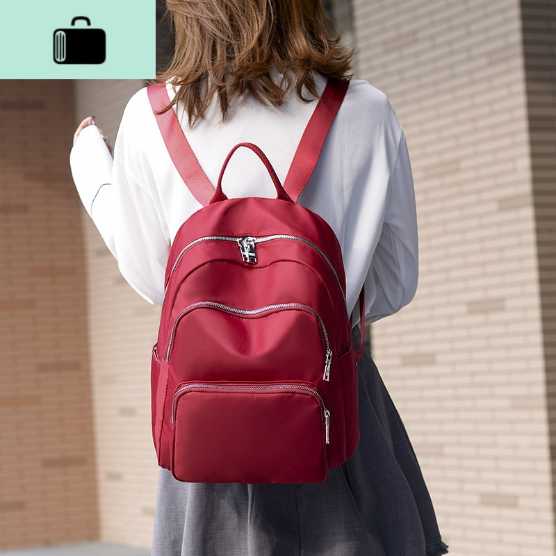 牛津布双肩包尼龙菱格绣线背包女2020春夏新款休闲帆布旅行包书包NEW LAKE 纯酒红色