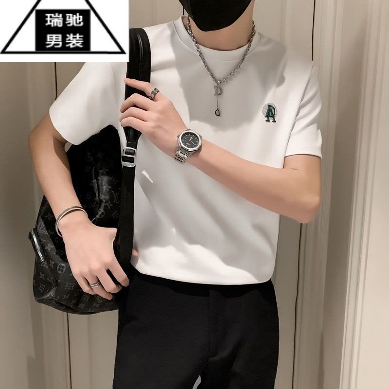 希杰狮王ins潮牌短袖男绿色T恤潮男搭配半袖潮流帅气2022新款夏季半截袖薄图片