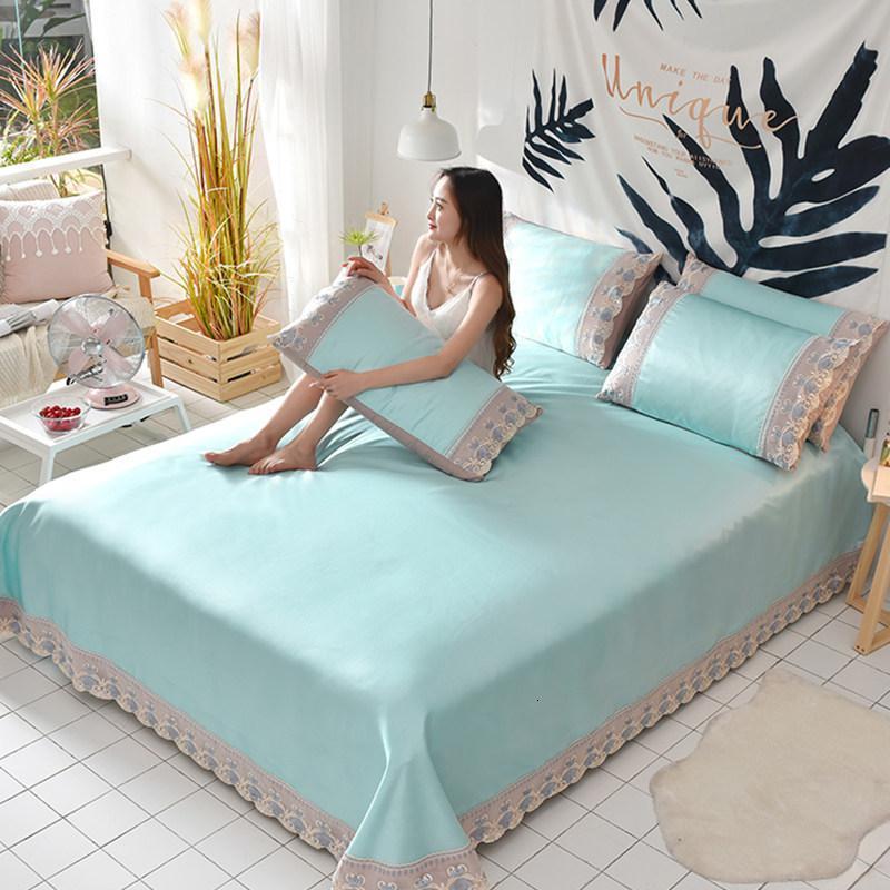 家柏饰(CORATED)冰丝凉席三件套1.8m床夏季折叠可水洗床单2米床可机洗1.5夏天席子 蕾丝床单款凉席-草春绿 1.5m（5英尺）床