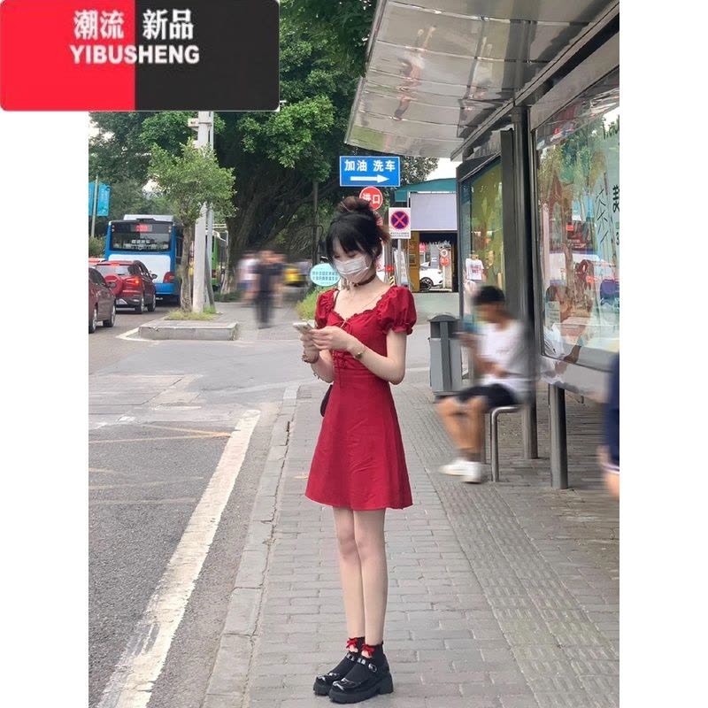 YIBUSHENG方领泡泡袖连衣裙女季桔梗法式小众设计感收腰显瘦红色a字短裙图片