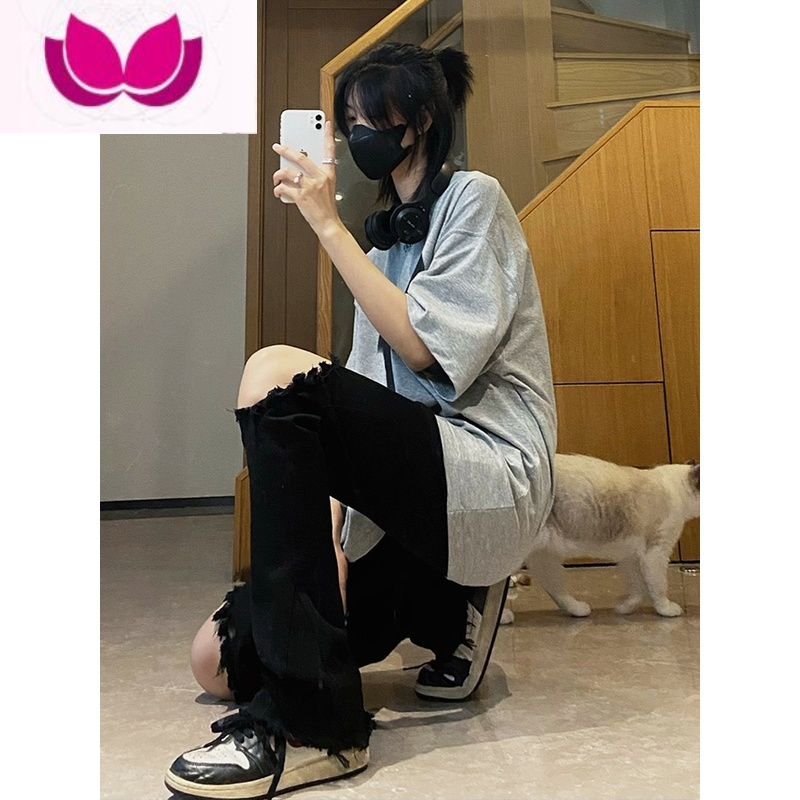 七斓黑色膝盖破洞牛仔裤男女夏薄款高街vibe风休闲微喇叭直筒裤ins潮