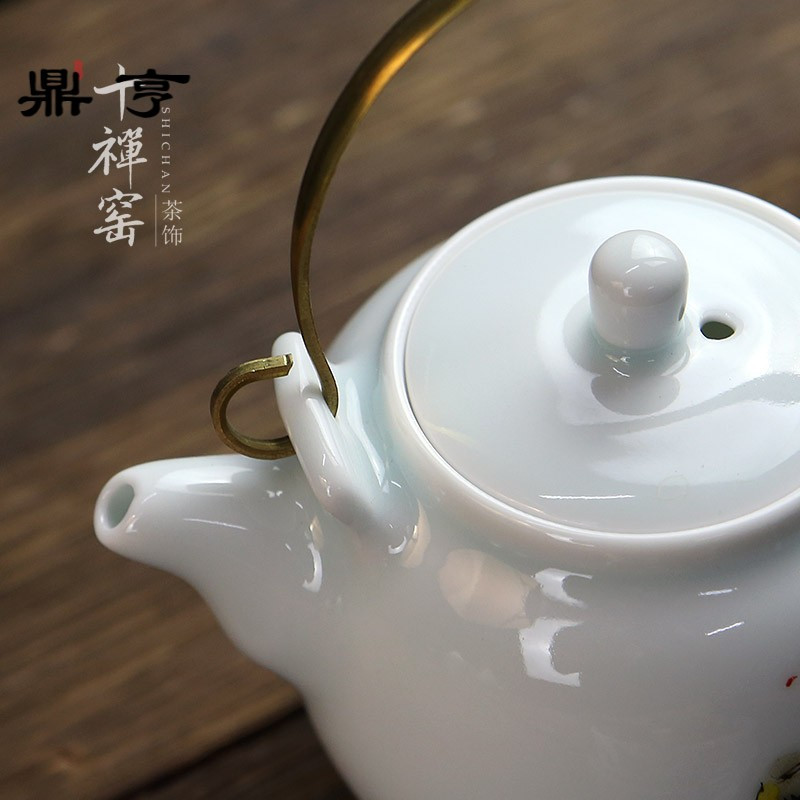 鼎亨 提梁壶 景德镇陶瓷手绘影青花鸟茶壶泡茶壶 功夫茶具套装