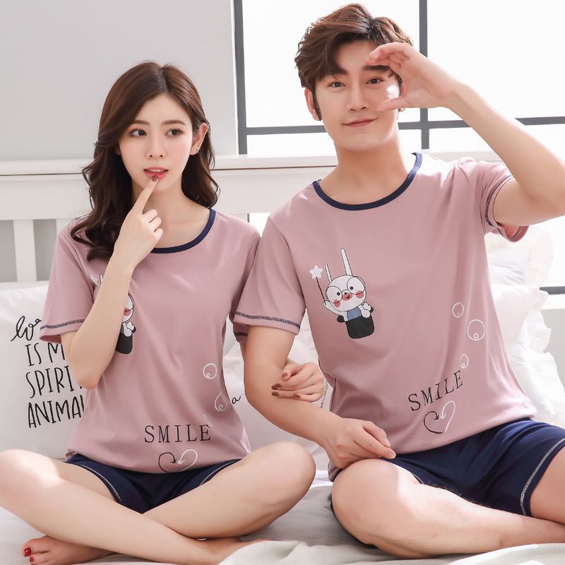 夏季青年情侣睡衣女棉短袖韩版夏天男士可爱棉薄款家居服两件套装 臻