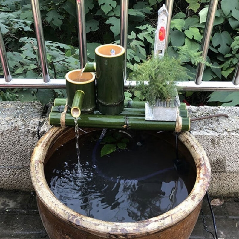 维诺亚竹子流水器循环鱼缸陶瓷石槽循环流水摆件竹筒增氧加湿过滤器摆件高清大图