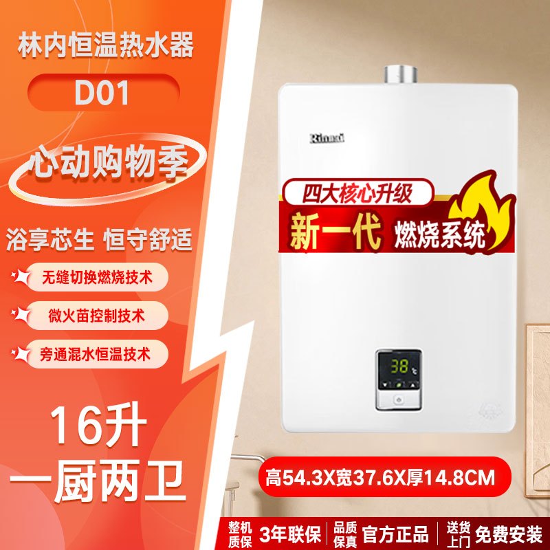 Rinnai/林内 燃气热水器家用强排式变频恒温天然气16升16QD01防风防冻C01/D01高清大图
