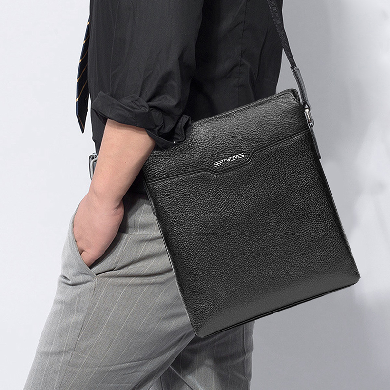 七匹狼septwolves男士斜挎包柔软荔枝纹头层牛皮品质男单肩包休闲竖款