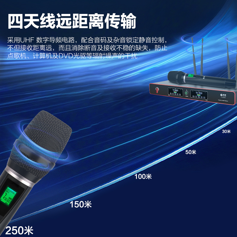 惠度(HuiDu)U-Q2100无线话筒一拖二真分集远距离大型舞台演出会议防啸叫远程U段婚庆会议学校庆典话筒高清大图