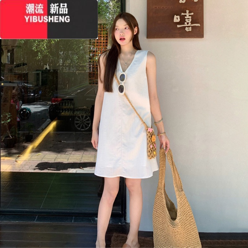 YIBUSHENG无袖v领白色连衣裙子女季2024年新款海边度假大方得体背心长裙