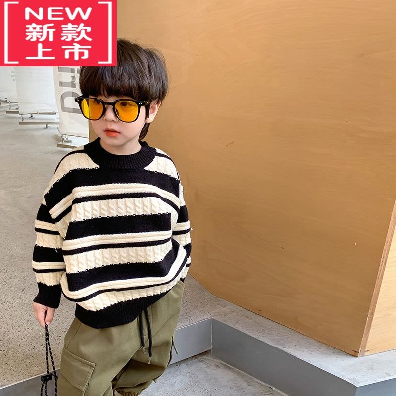 可莉允男童加厚绵撞色条纹毛衣儿童冬装圆领宝宝针织套头衫潮图片