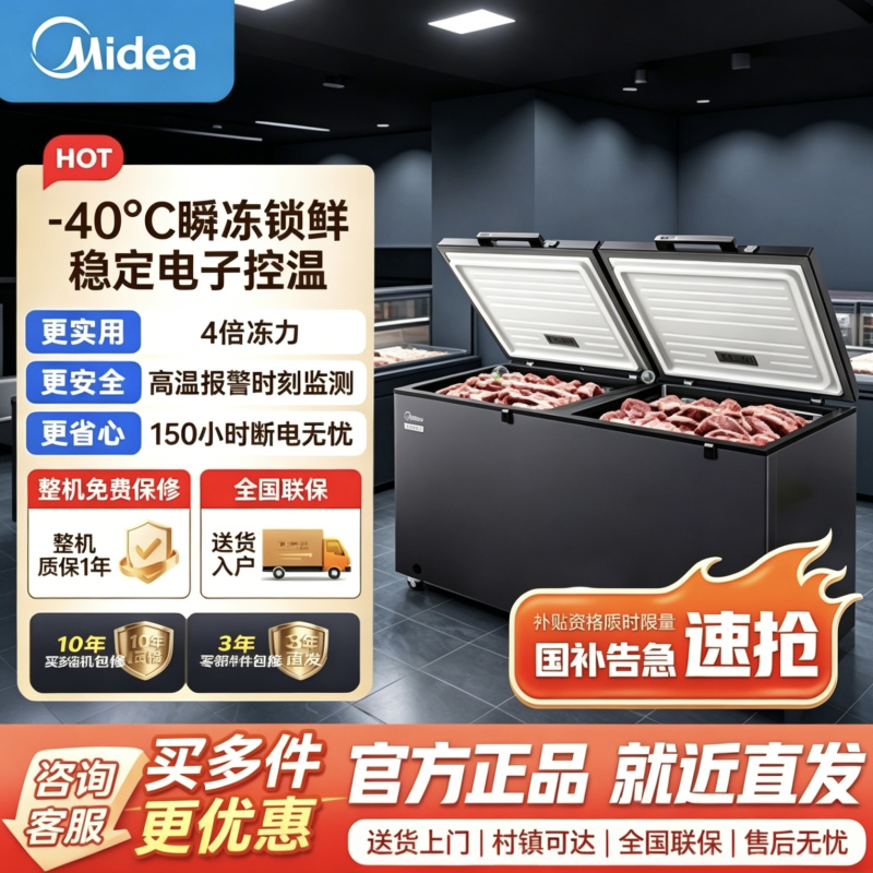 美的冰箱519大容量冰柜家用商用卧式大冷柜保鲜冷藏冷冻冰箱BD/BC-519DKEM 耀目蓝