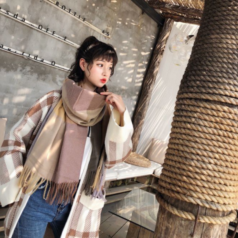2023新款加厚围巾女冬季韩版网红围脖披肩保暖流苏格子围巾高清大图