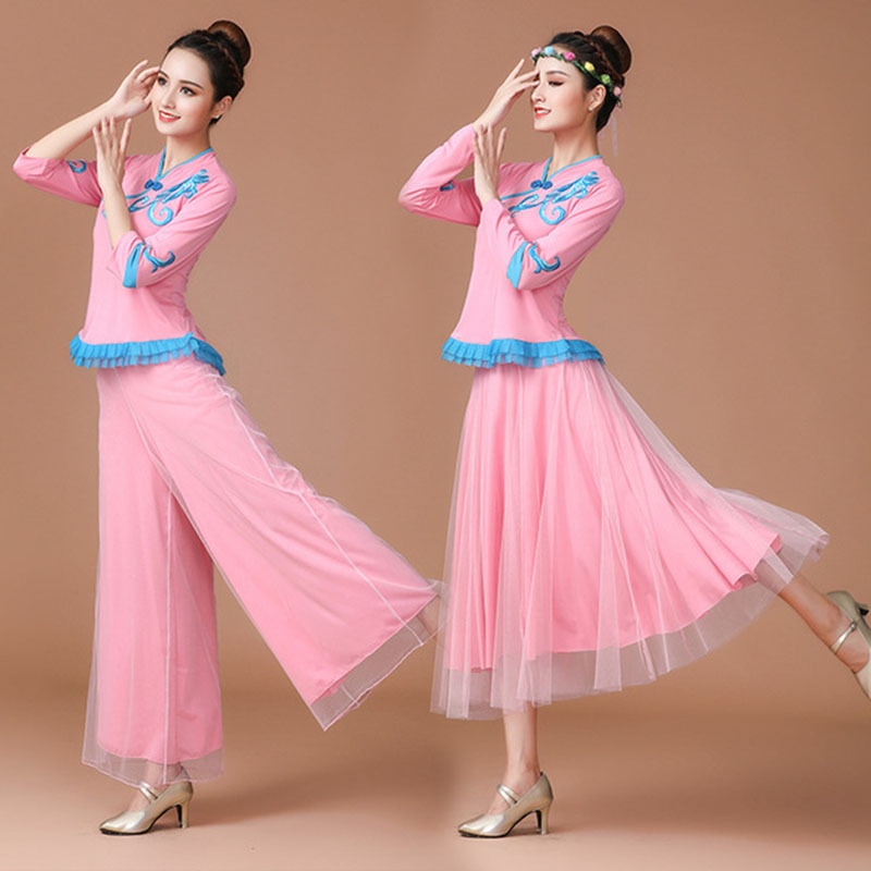 恋名媛广场舞演出服上衣民族风跳舞裙子套装中老年古典秧歌舞蹈网纱