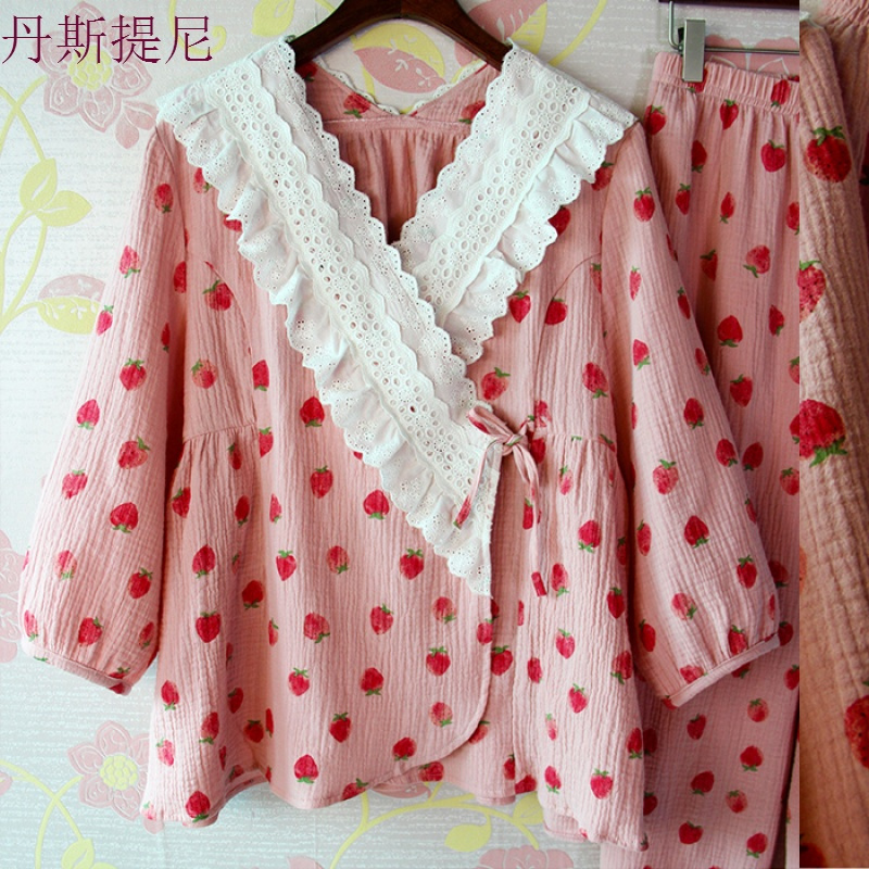 秋季莓睡衣双层棉纱和服甜美可爱全棉家居服长裤纯棉女两件套装