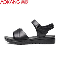 奥康女鞋夏季休闲女凉鞋一字带牛皮软面妈妈凉鞋子
