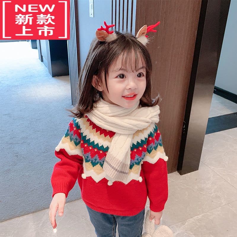 可莉允女童圣诞毛衣2022新款儿童洋气红色加绒加厚打底衫宝宝冬装针织衫图片