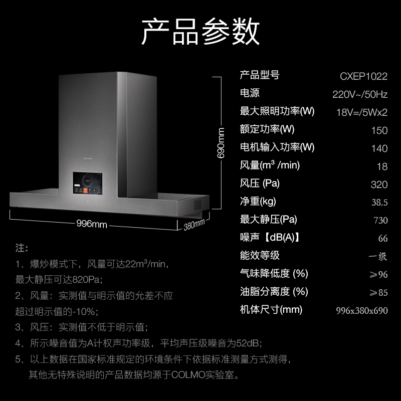 COLMO 高端科技 BLANC系列 油烟机 侧吸式抽油烟机CXEP-1022 家用 22立方米大吸力 一级能效